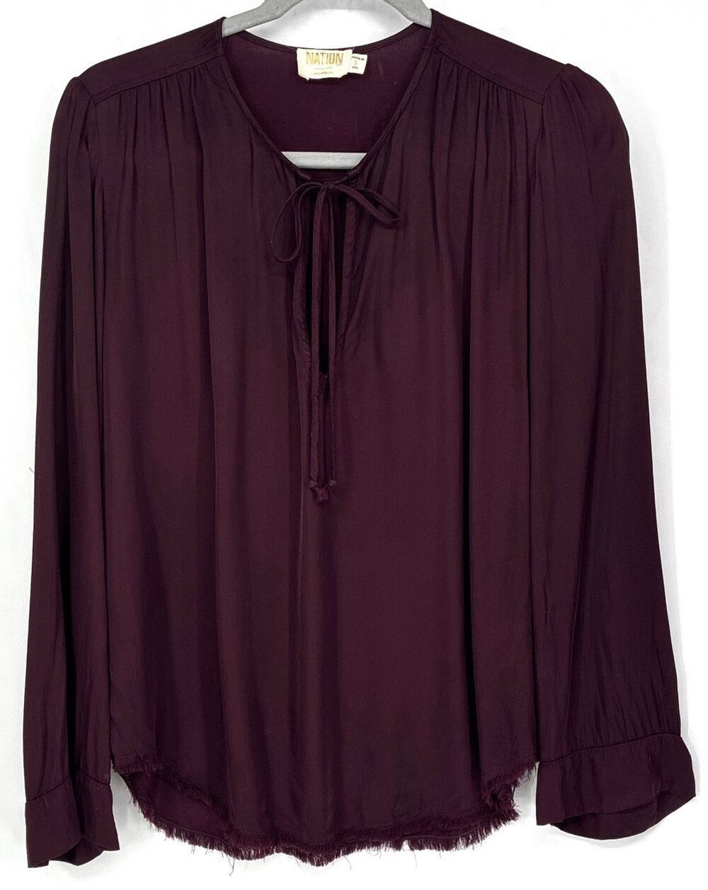 Nation LTD Los Angeles Tie Neck Frayed Hem Viscose Blouse Sz S USA Flowy